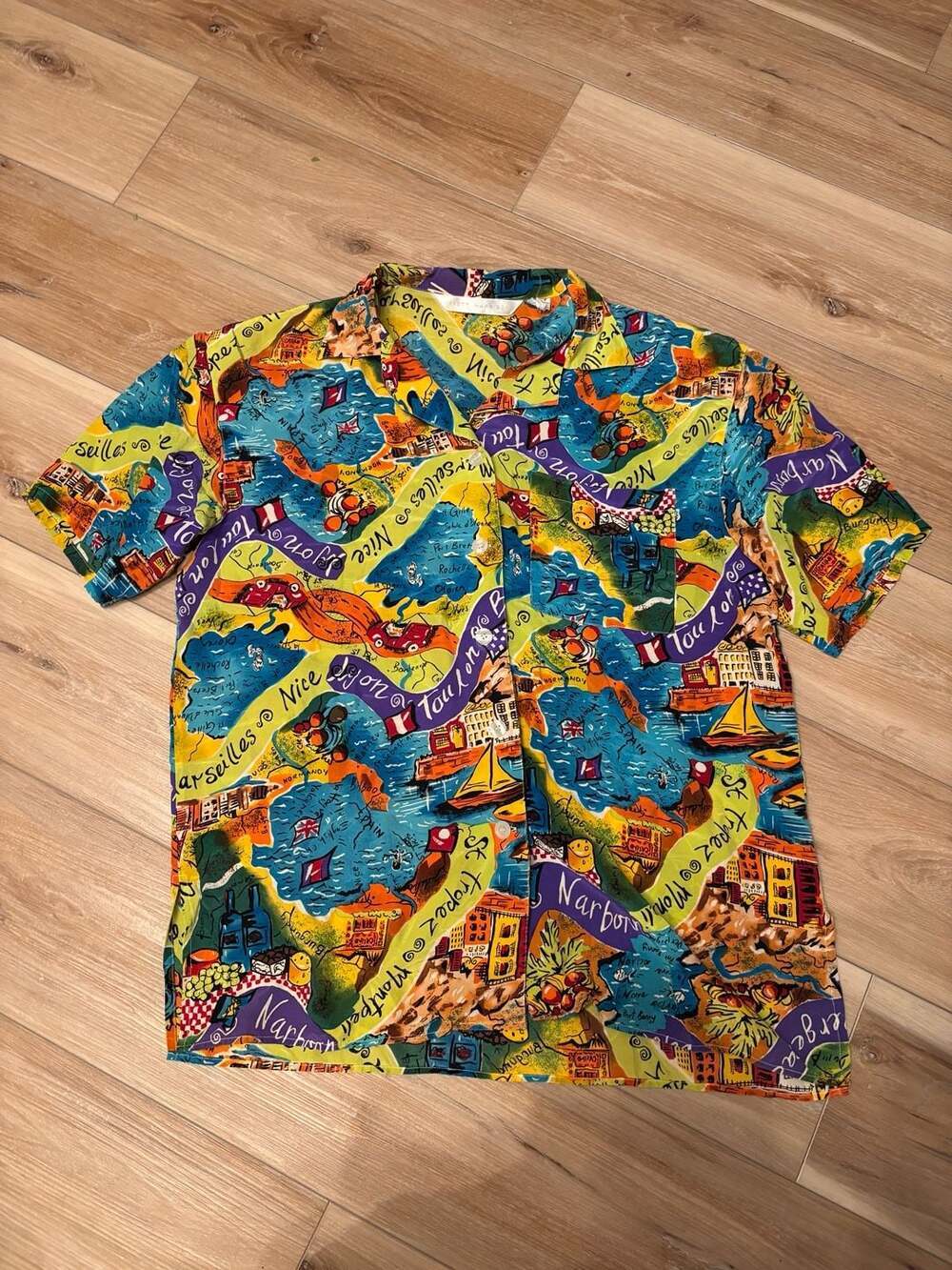 Brett Harrison Vintage France Map Tour 100% Silk Camp Shirt